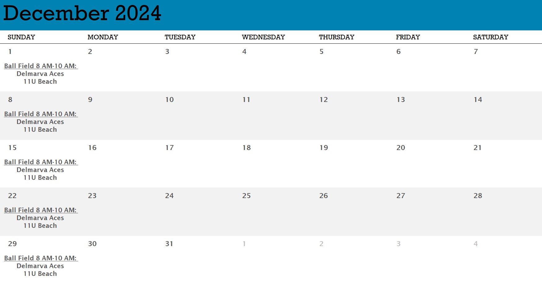 December 2024 Town Park Reservations