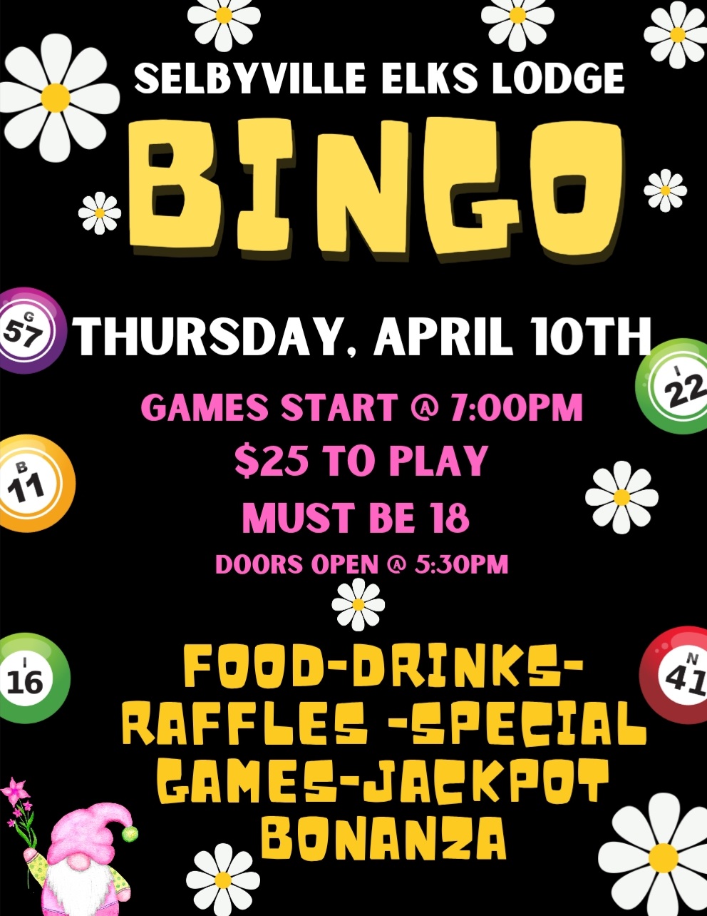 Bingo Flyer for Selbyville Elks Lodge on April 10, 2025