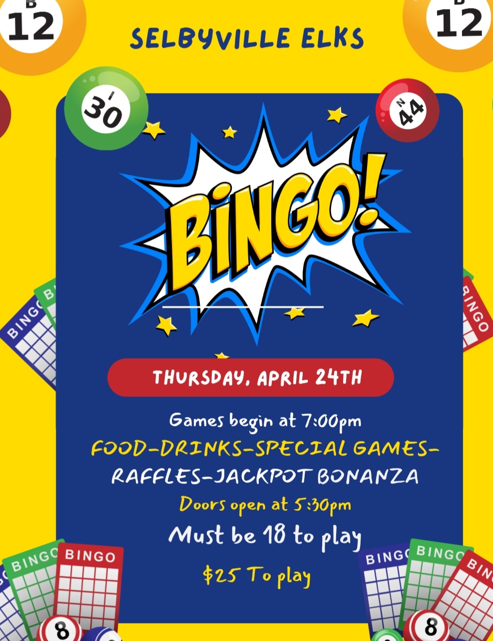 Bingo Flyer for Selbyville Elks Lodge on April 24, 2025
