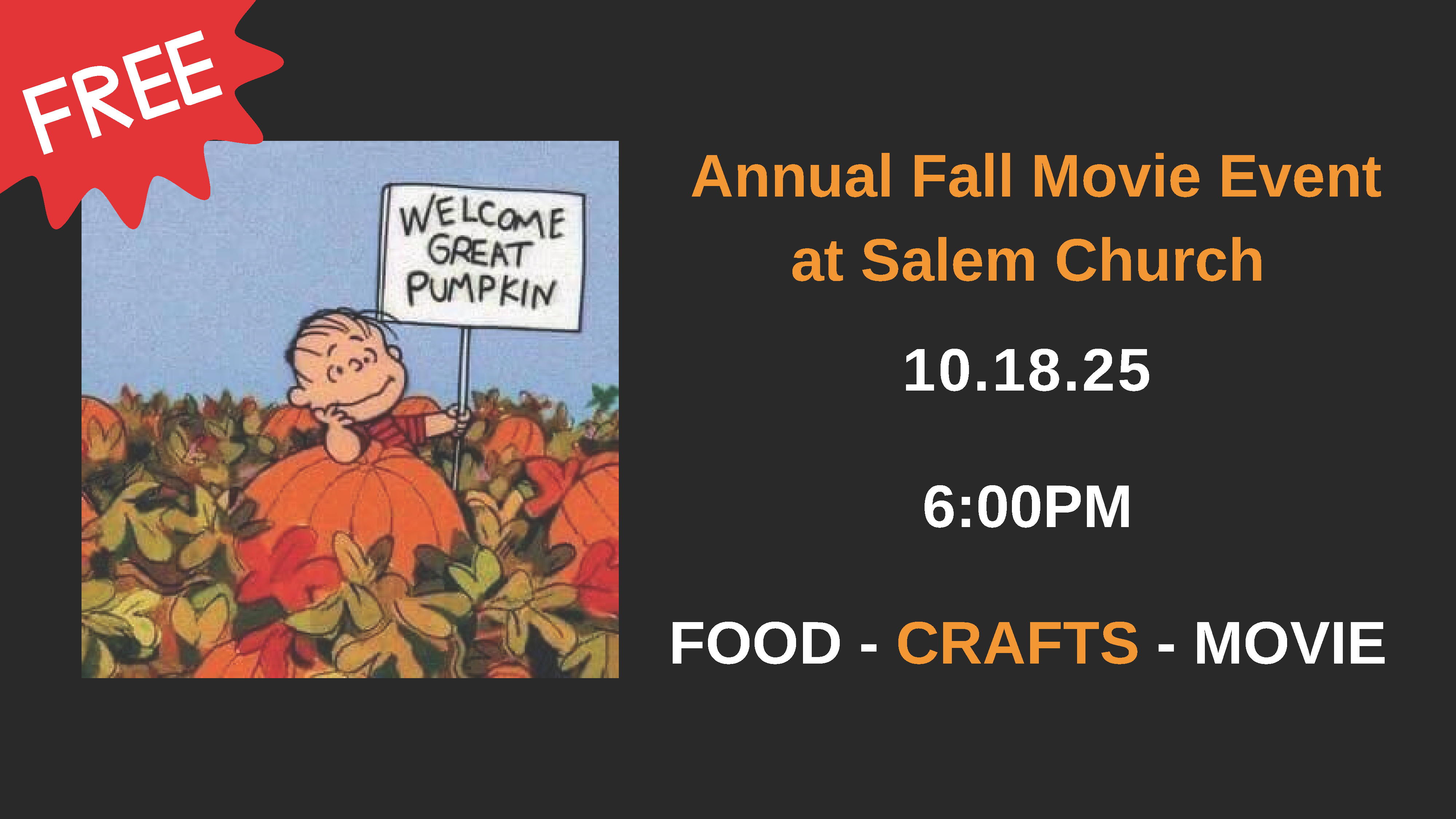 Salem Church Fall Movie Event Flyer 10/18/25 6:00PM