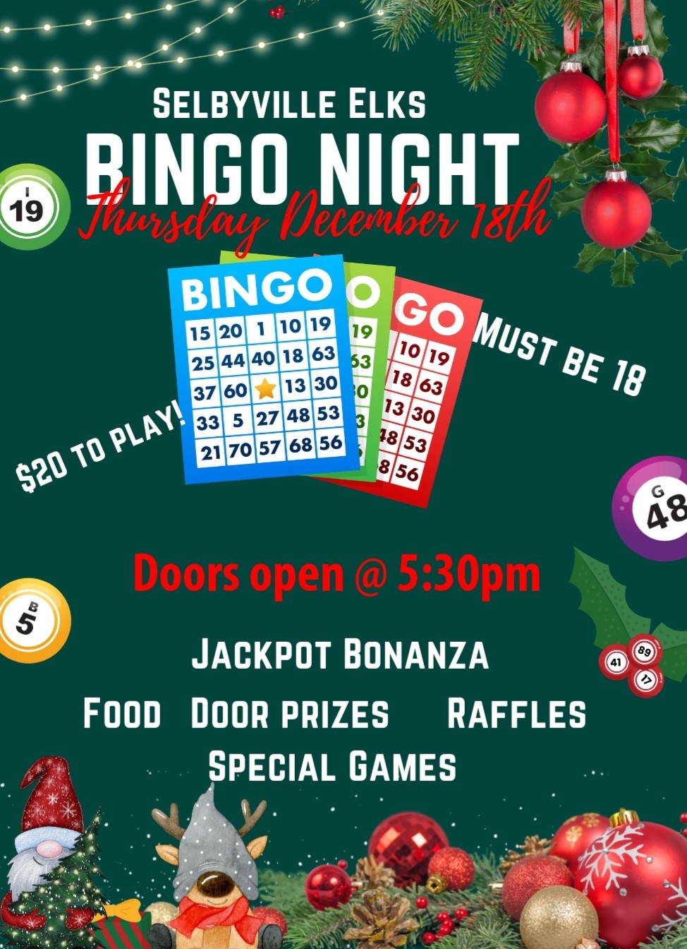 Winter holiday-themed flyer for Selbyville Elks Bingo Night on Thursday, December 18th. Regular games start at 7:00 PM, doors open at 5:30 PM. Includes Jackpot Bonanza, food, special games, and raffles. Must be 18 to play. $20 to enter. 