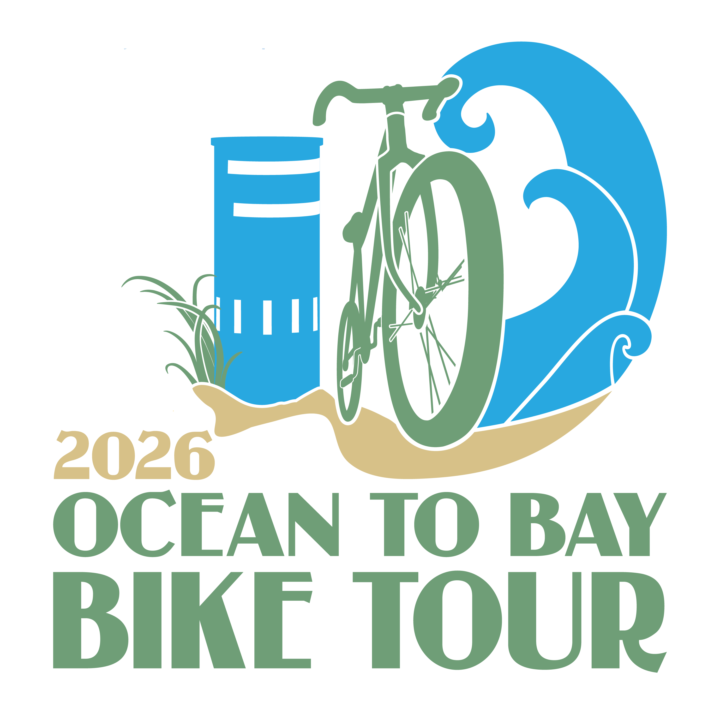 2026 Ocean to Bay Bike Tour logo with a green bicycle riding along sand, a blue ocean wave, and coastal imagery.