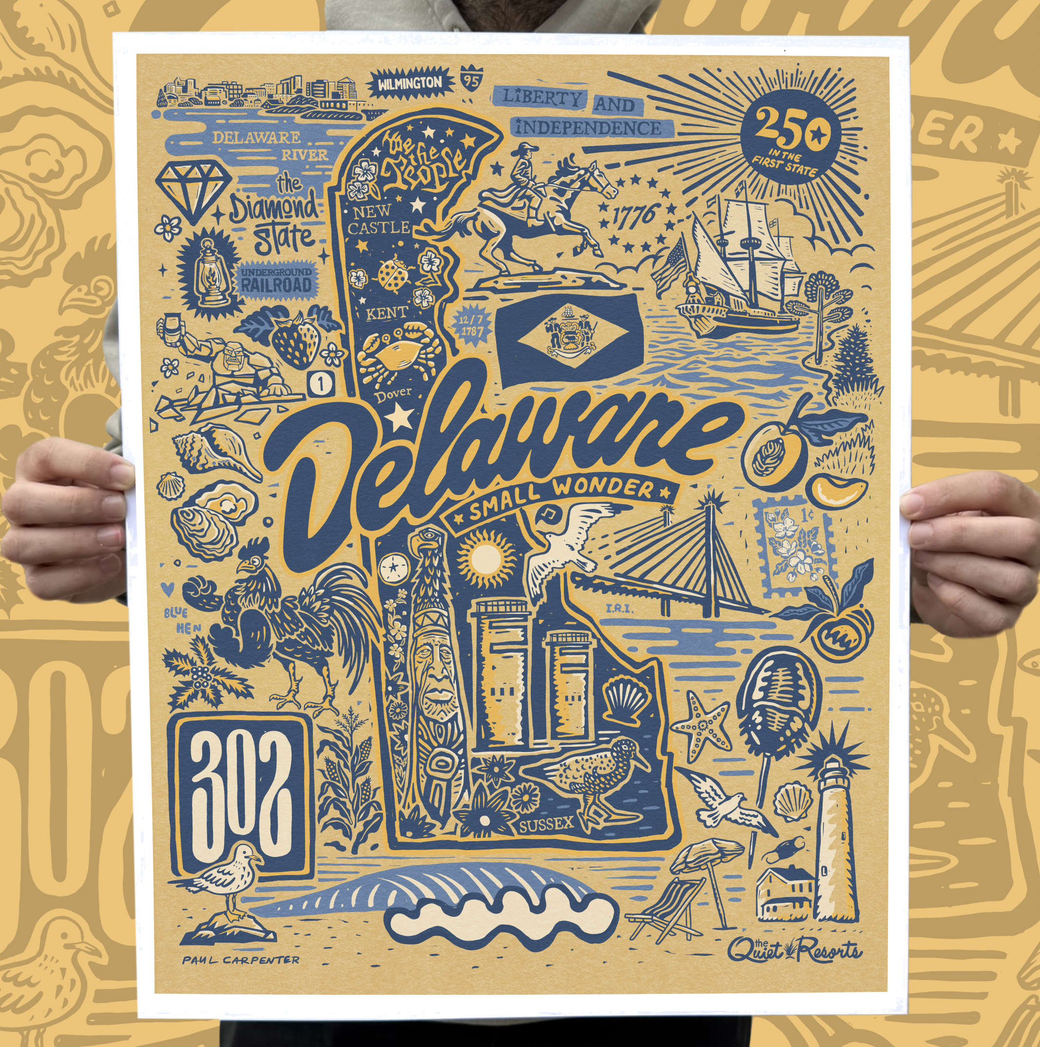 Illustrated Delaware commemorative poster celebrating the state’s 250th anniversary, featuring a map of Delaware with icons and scenes such as the Delaware River, Liberty and Independence (1776), ships, bridges, lighthouse, wildlife, beaches, and the words “Delaware – Small Wonder” in blue and gold.