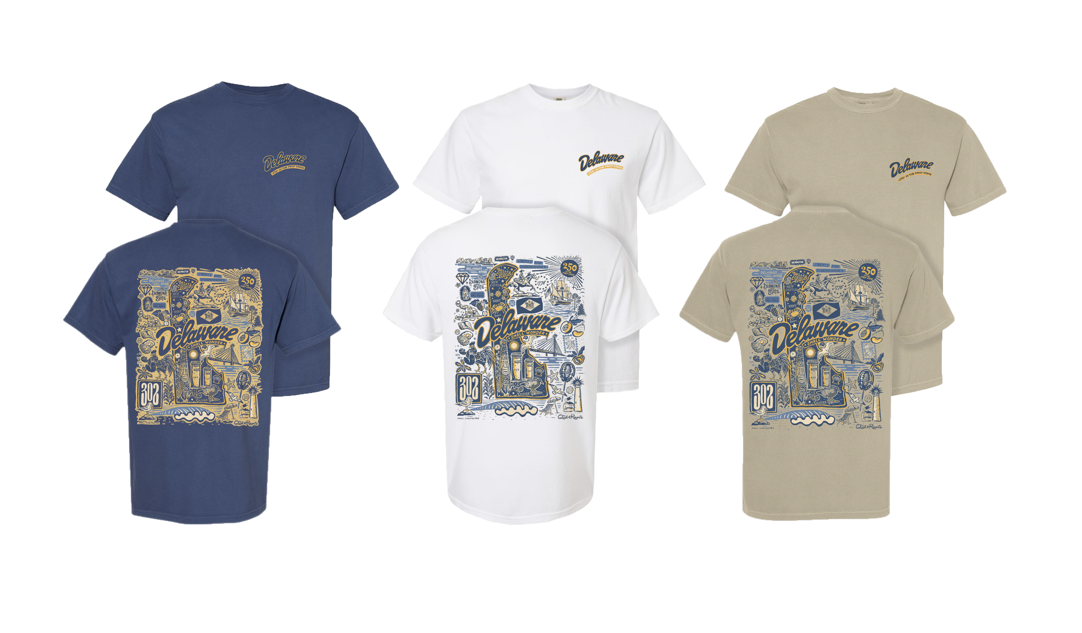 Three Delaware 250th anniversary T-shirts displayed in navy blue, white, and sand, showing front and back views with a small “Delaware – Small Wonder” logo on the chest and a large illustrated Delaware-themed design on the back in blue and gold.