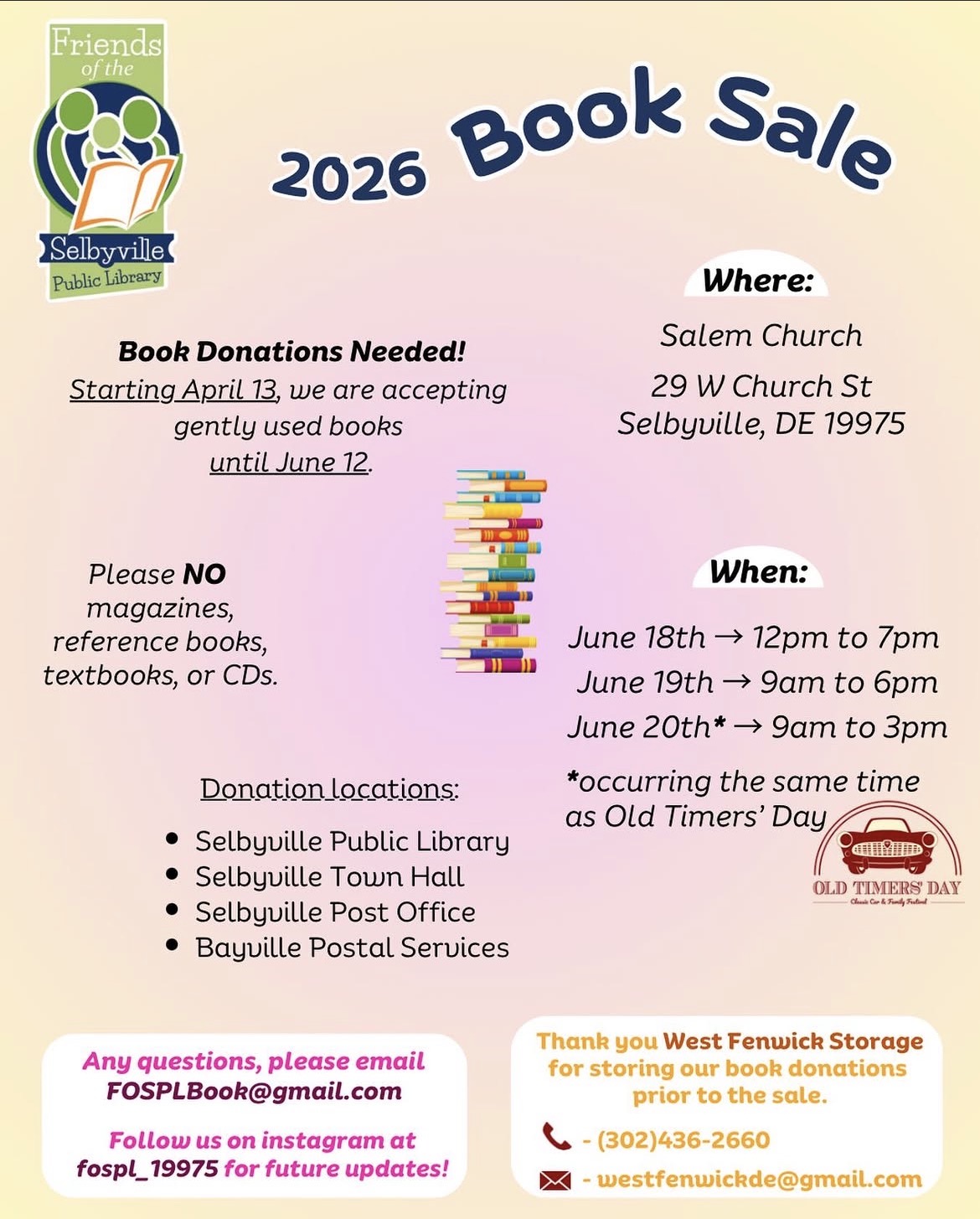 Flyer for the “2026 Book Sale” hosted by Friends of the Selbyville Public Library. Book donations are requested starting April 13 through June 12, accepting gently used books only (no magazines, reference books, textbooks, or CDs). Donation drop-off locations include Selbyville Public Library, Selbyville Town Hall, Selbyville Post Office, and Bayville Postal Services.<br srcset=
