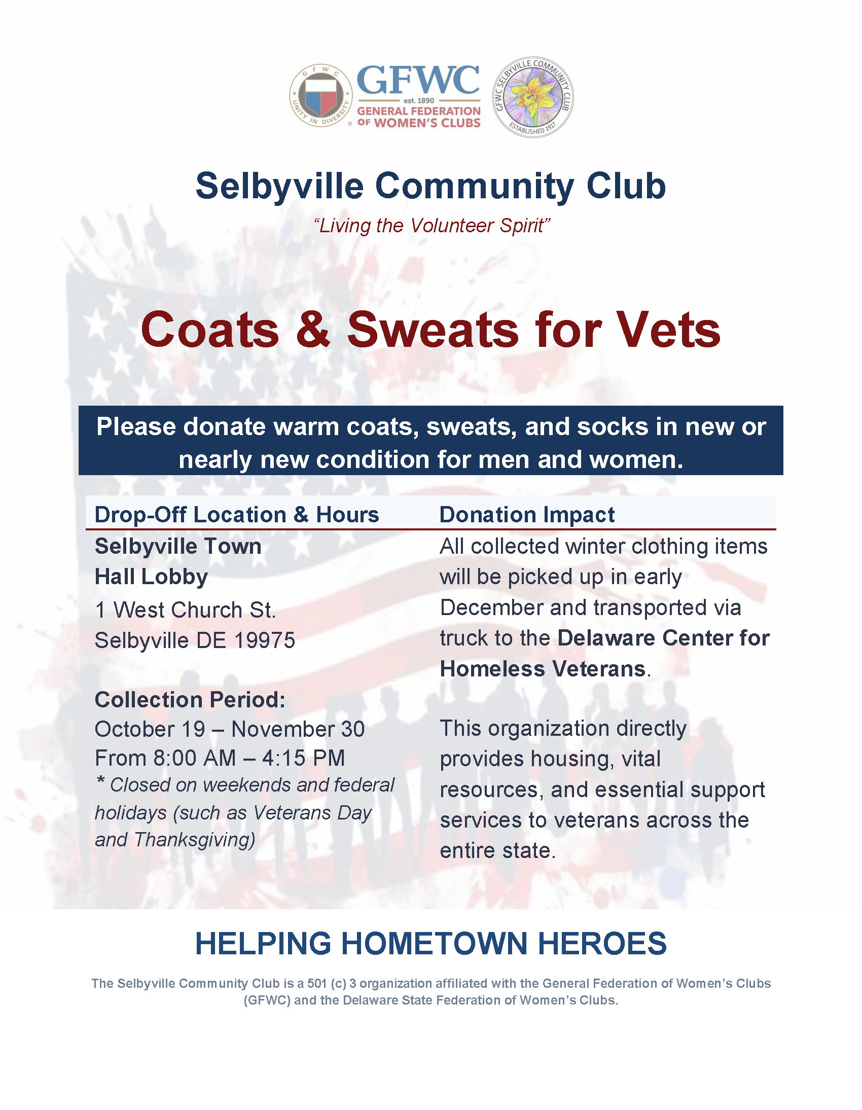 Coats & Sweats for Vets donation drive flyer for the Selbyville Community Club. Donations of new or nearly new warm coats, sweaters, and socks for men and women are being accepted October 19 through November 30 at the Selbyville Town Hall lobby, 1 West Church Street, Selbyville, DE 19975. Drop-off hours are Monday through Friday, 8:00 a.m. to 4:15 p.m., excluding weekends and federal holidays. Collected items will be transported to the Delaware Center for Homeless Veterans to support veterans throughout Delaware.